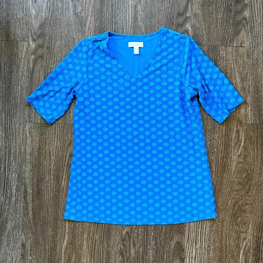 New Susan Graver Burnout Jacquard Knit Elbow Sleeve Fully Lined Top Blue​​​